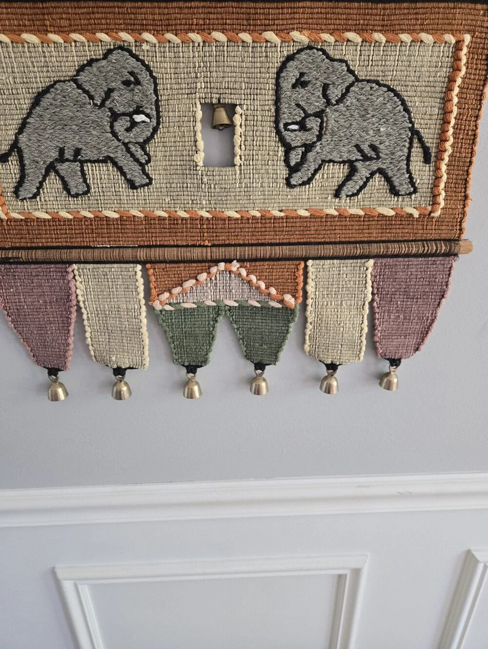 Elephants Woven Handmade Wall Hanging Tapestry with Brass Bells 31 in x 19 in